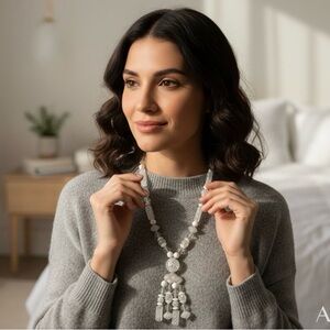 Vintage White Crackle Glass Beaded Tassel Necklace Boho